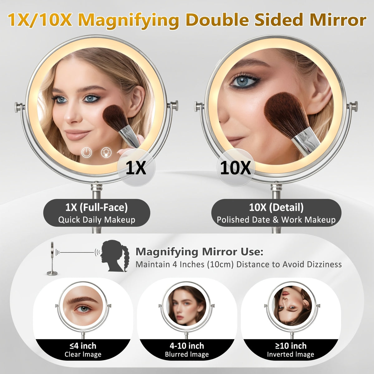 Makeup Mirror with Light, 1X\u002F10X Double-Sided Magnification Vanity Mirror, 3 Colors And Dimmable, 360° Rotation, Portable for Bathroom, Dorm Room And Travel, Ideal Gift for Women, Birthday Gift, Mother'S Day Gifts for Mom