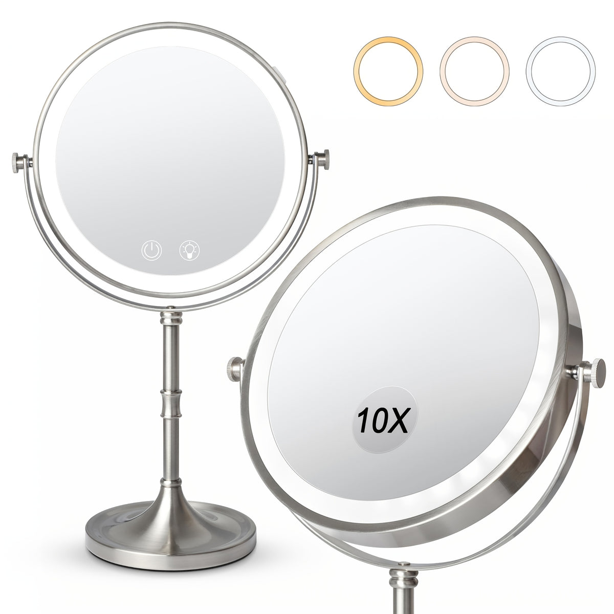 Makeup Mirror with Light, 1X\u002F10X Double-Sided Magnification Vanity Mirror, 3 Colors And Dimmable, 360° Rotation, Portable for Bathroom, Dorm Room And Travel, Ideal Gift for Women, Birthday Gift, Mother'S Day Gifts for Mom